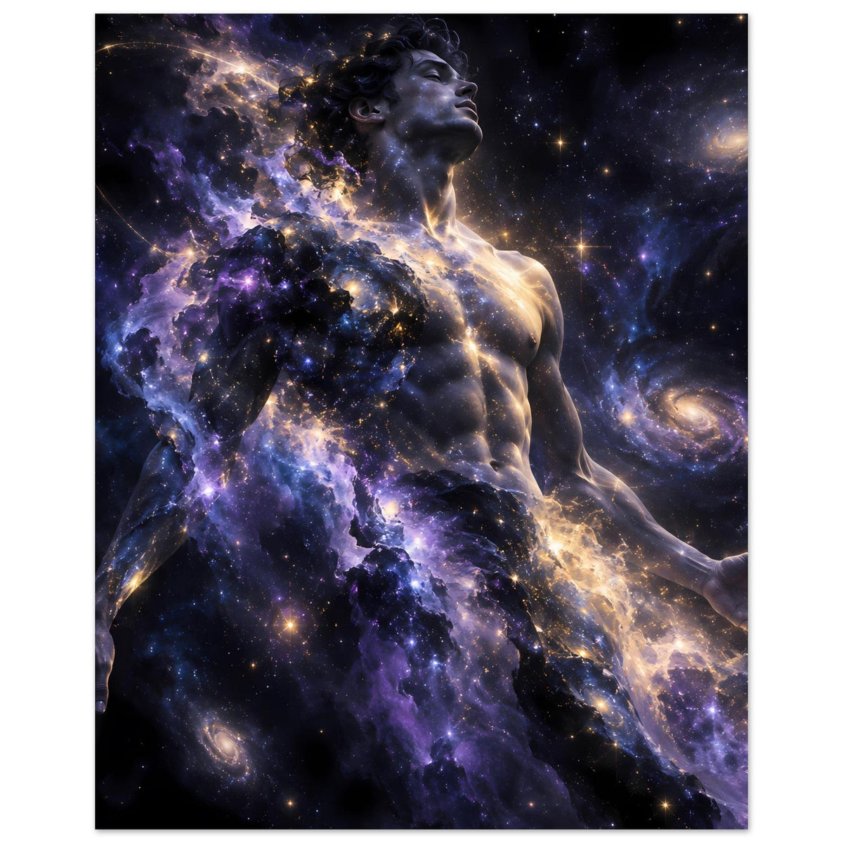 Galaxienposter im Hochformat: Frauenfigur mit kosmischen Partikeln in Violett und Gold