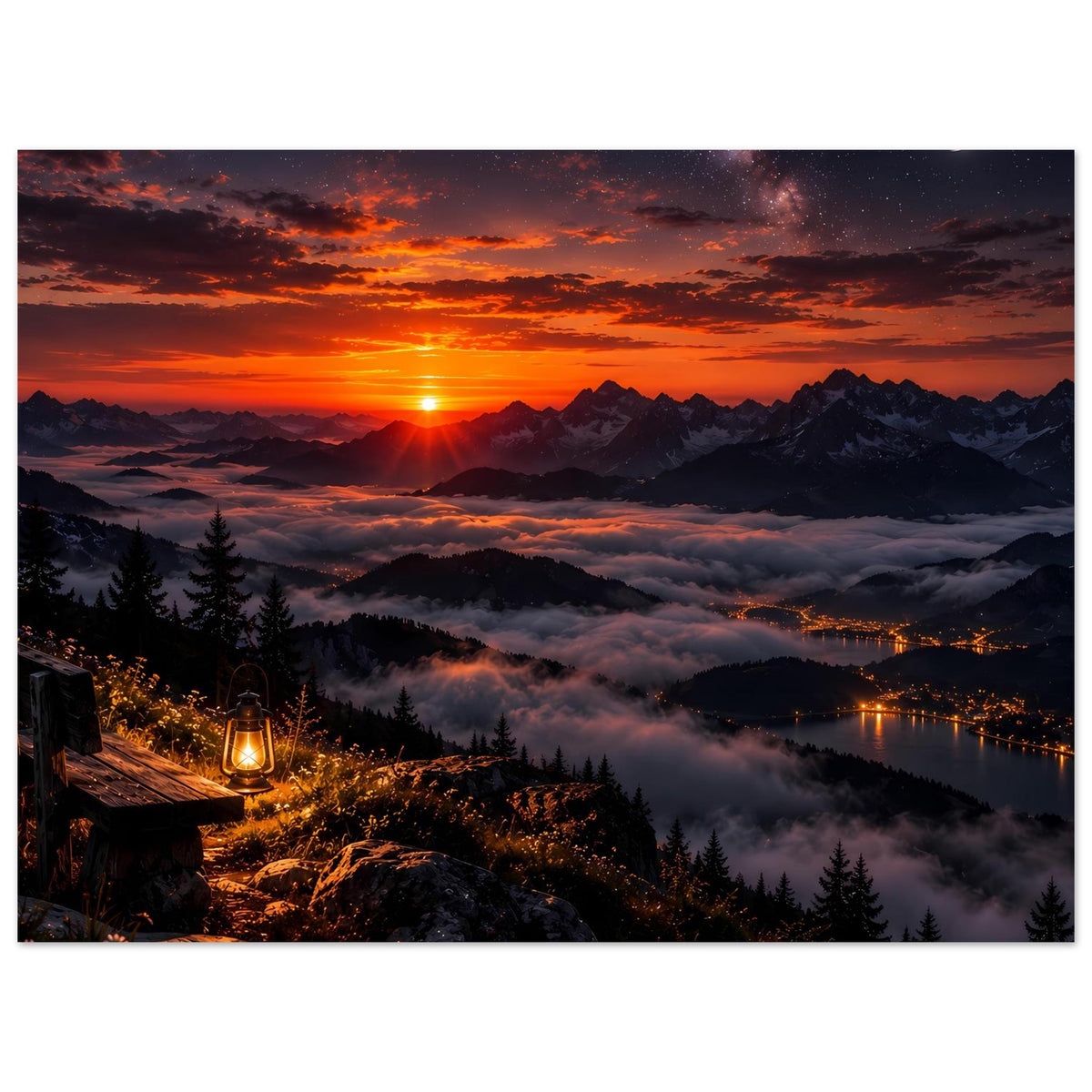 Landschaftsposter mit Sonnenaufgang über Berglandschaft, Nebelmeer, See und Laterne