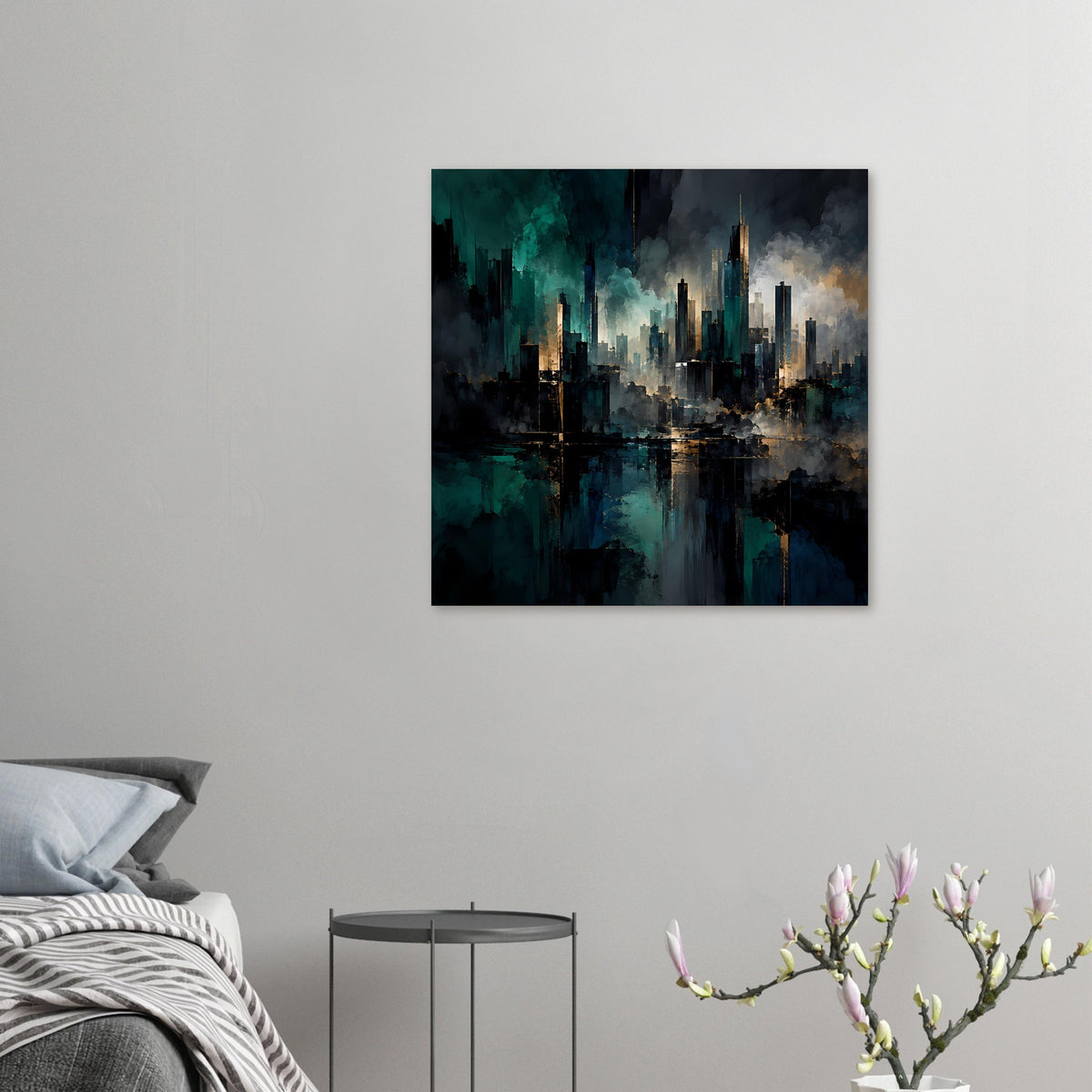 Quadratisches abstraktes Stadtposter mit Skyline, Nebel und Spiegelung in Blaugrün & Gold