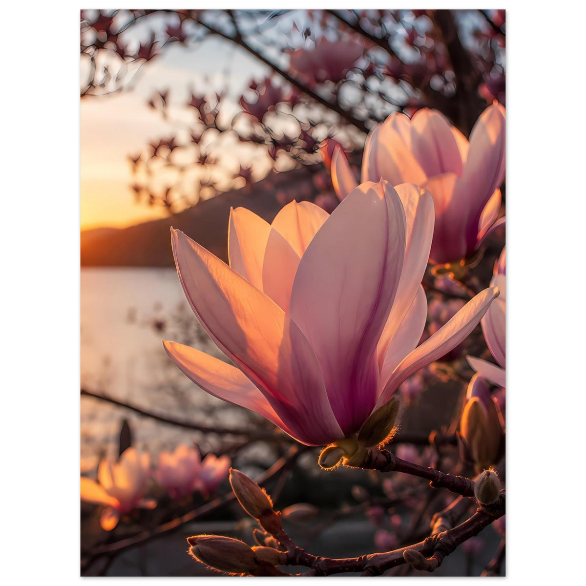 Vertikales Magnolienblüten-Poster mit einer großen rosa-orange Blüte