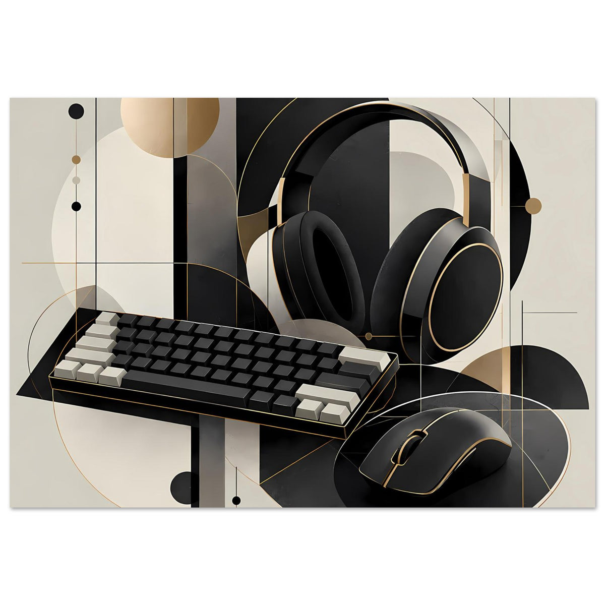 Gaming-Poster mit Headset, Tastatur und Maus, Schwarz-Gold, cremefarbene Kreise und Linien