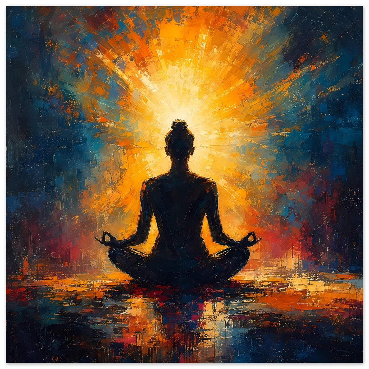 Poster im Hochformat: dunkle Meditationsfigur, heller Lichtkranz, abstrakte Pinseltextur