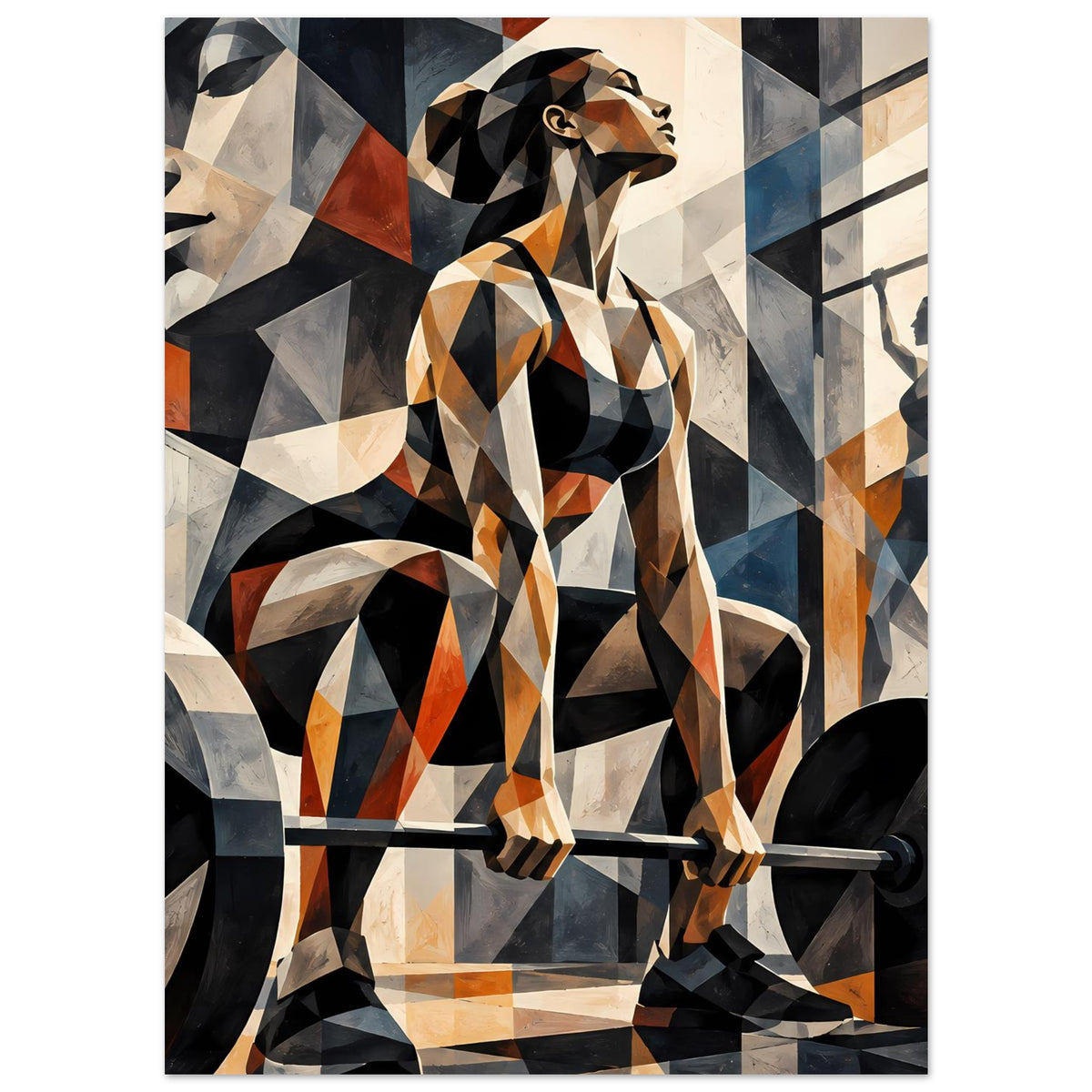 Fitness-Poster mit Sportlerin in geometrischem Stil, Hantelstange und Schattenformen in Blau, Grau und Beige