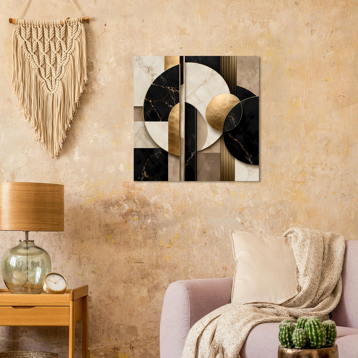 Wandbild-Poster mit Kreis- und Streifenmotiven in Marmoroptik, Schwarz, Beige und Gold.