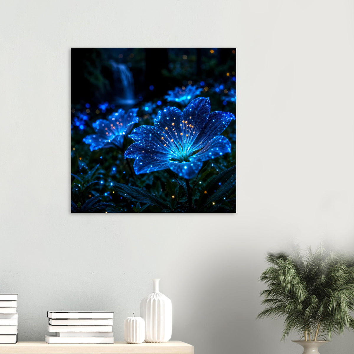 Gerahmtes quadratisches Poster mit leuchtenden blauen Blüten und Lichterpunkten