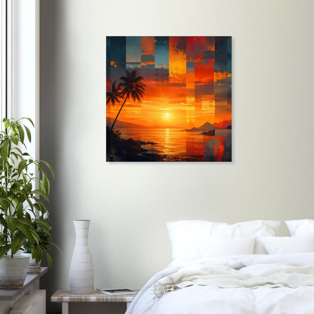 Quadratisches Kunstposter mit Sonnenuntergang, Palmen-Silhouette und orangefarbenem Licht