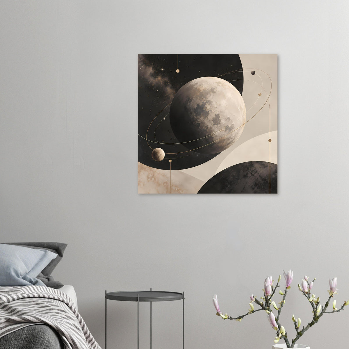 Mond-Poster mit Sternenhimmel-Optik und goldenen Umlaufbahnen in Erdtönen