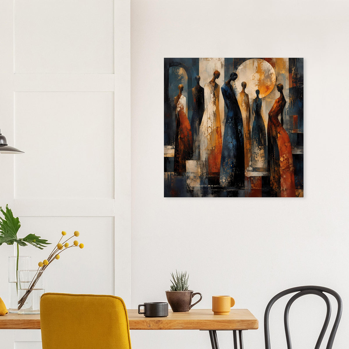 Poster mit abstrakten Figuren in warmen Tönen, quadratisch über Holztisch