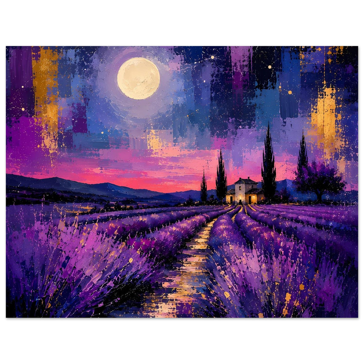 Poster mit Lavendelfeldern, sichtbarem Wegverlauf und großem Mond über dem Abendhorizont