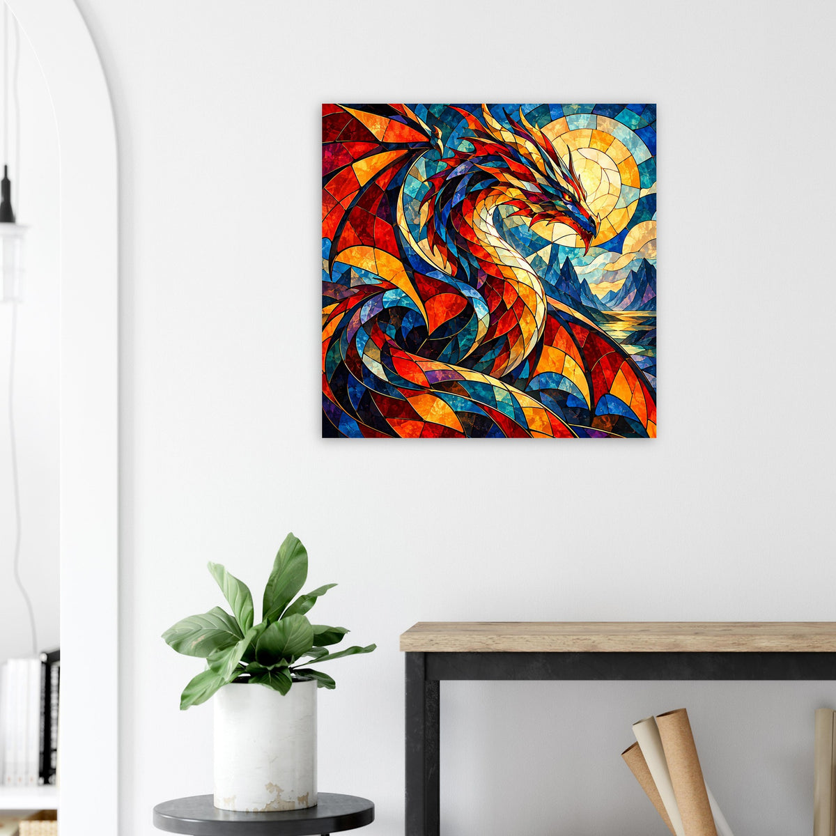 Quadratisches Drachen-Glasmalerei-Poster mit leuchtenden Farben und Drachenmotiv