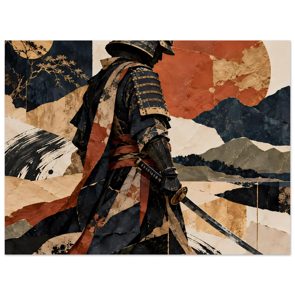 Poster im Querformat mit Samuraisilhouette und Schwert, schwarze Rüstung, erdige Berggrafik.