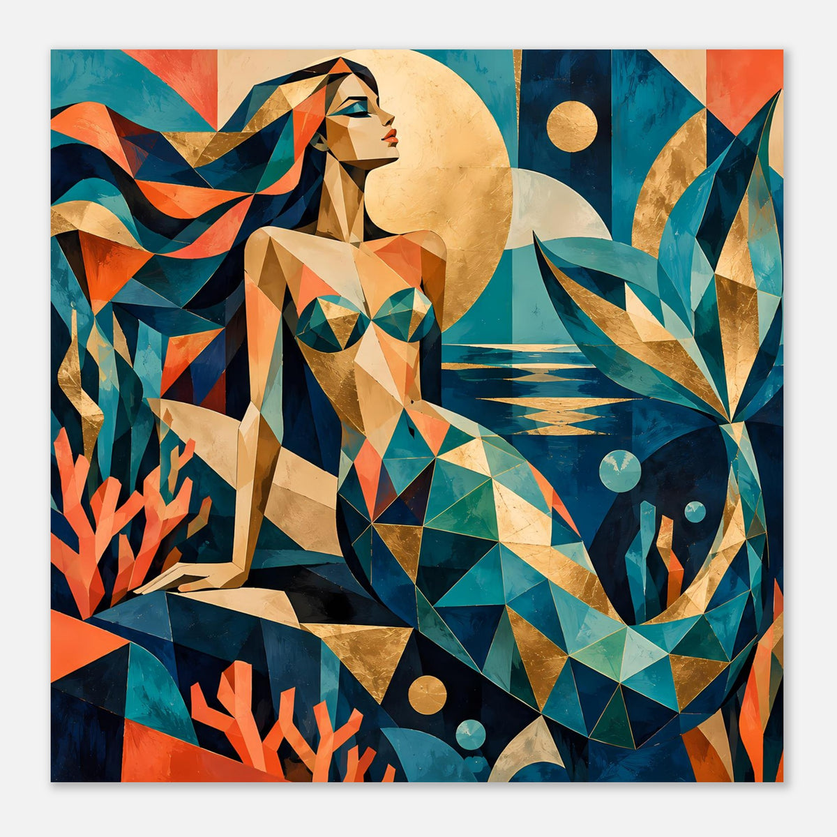 Geometrisches Meerjungfrauen-Kunstposter in Türkis und Korall, horizontal