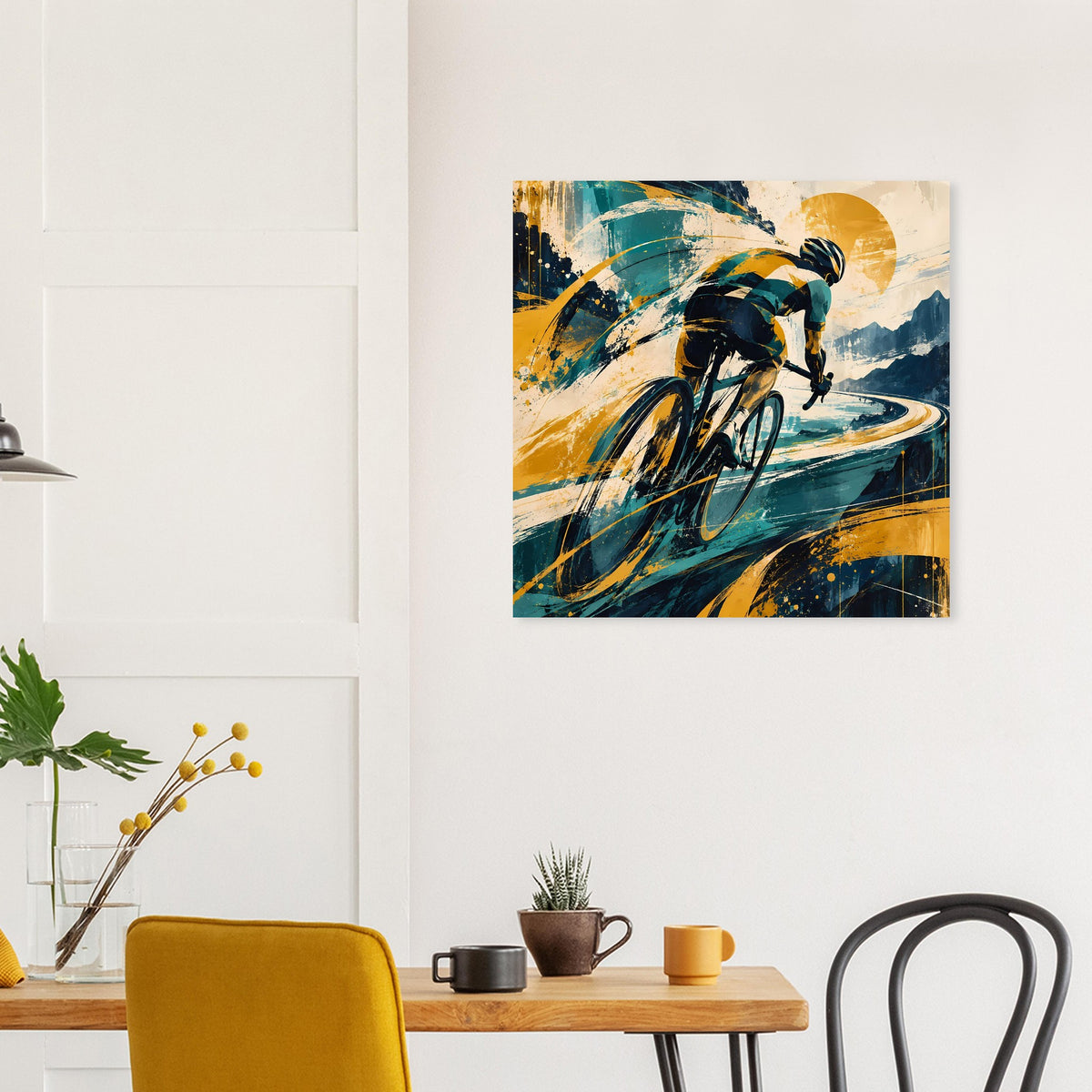 Quadratisches Sportposter mit Radfahrer-Motiv, blaue Fahrbahn und gelbe Akzente