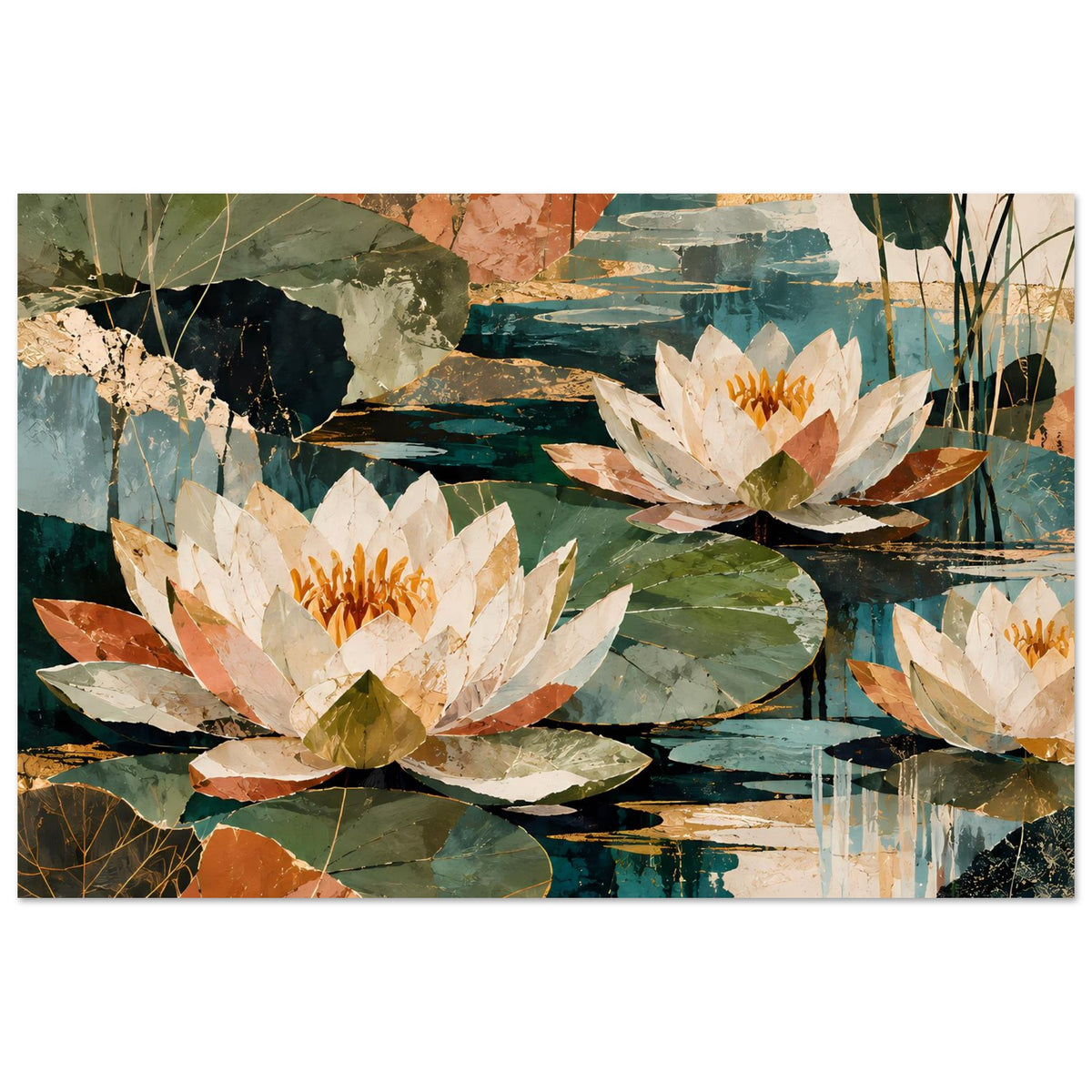 Botanisches Poster mit weißen Seerosenblüten auf gemusterten Wasserflächen und Blattgrün