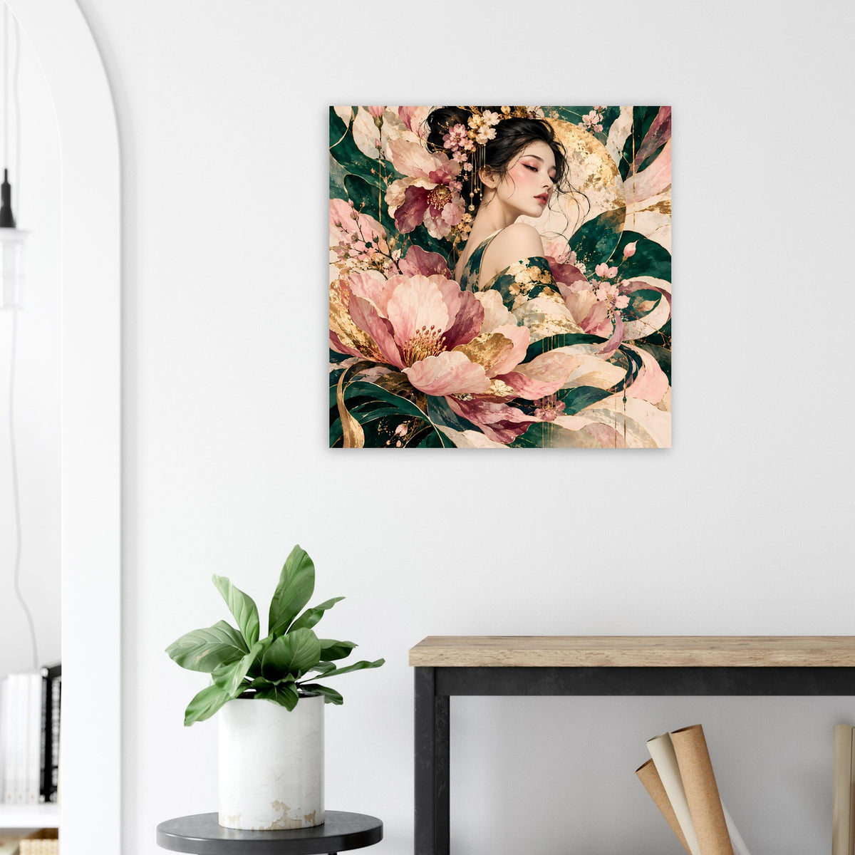 Elegantes quadratisches Poster mit Frau, floralen Motiven in Rosa, Grün und Gold