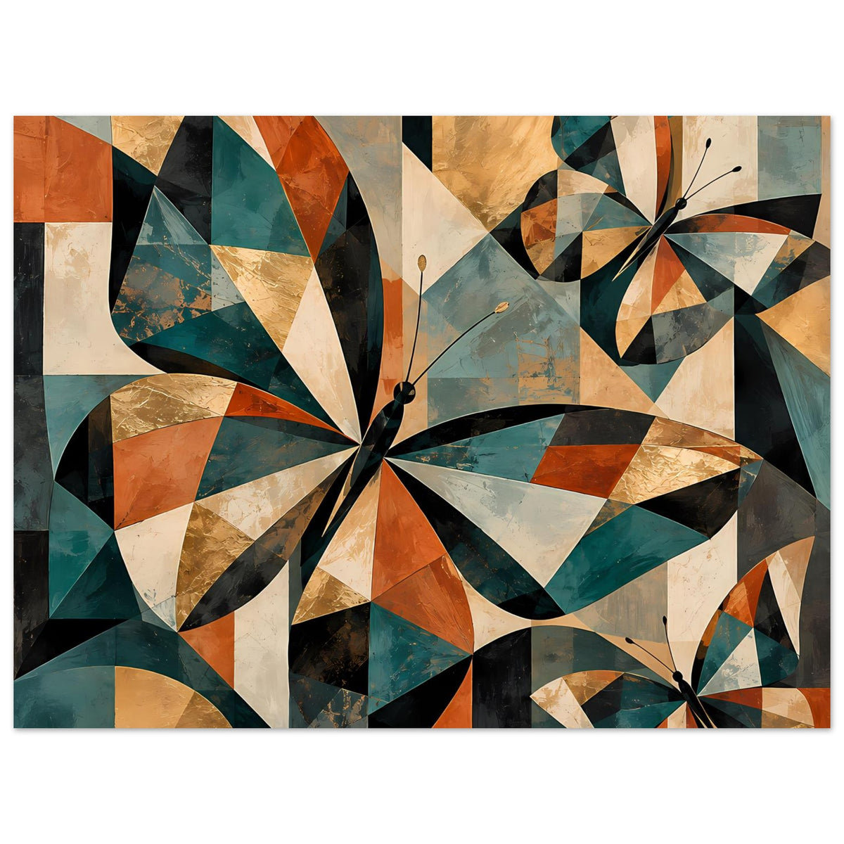 Kunstposter mit geometrischen Schmetterlingen in warmen Erdtönen, ausgewogener Farbverlauf.