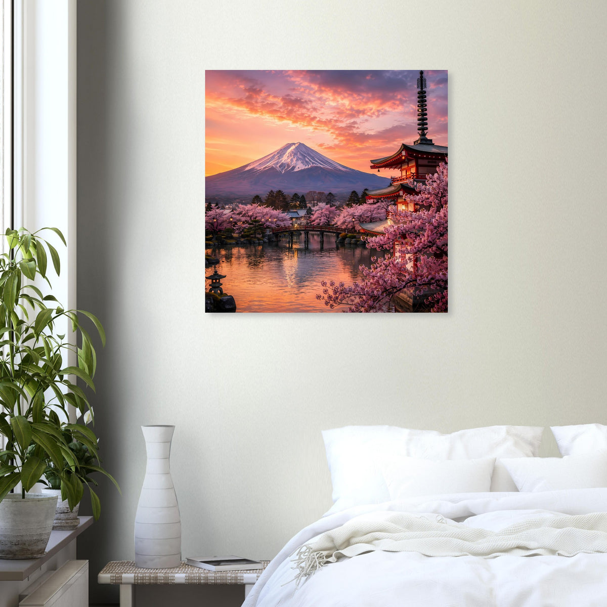 Poster mit Fuji im Abendhimmel, Kirschblüten und Pagode