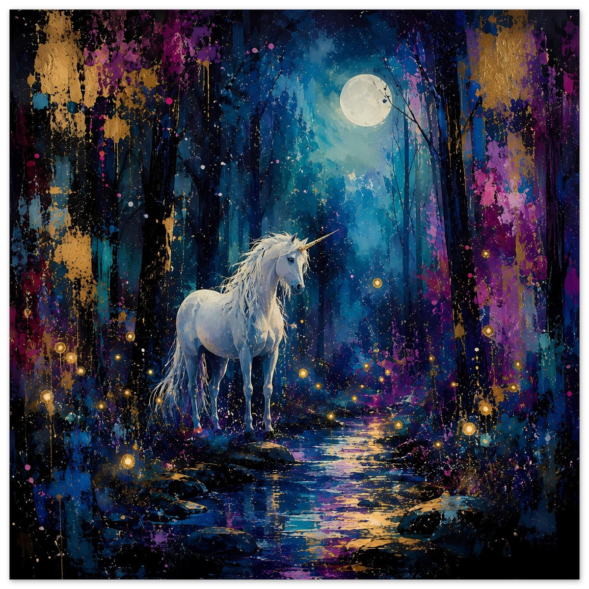 Breites Poster mit weißem Einhorn vor mondblauem Wald, Funken und Lichtkringel
