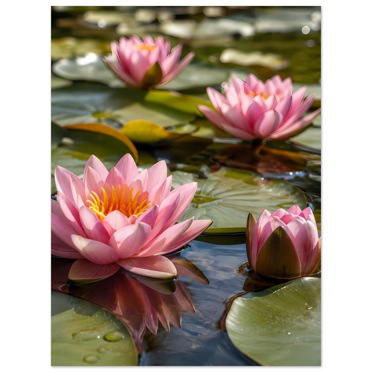 Poster mit mehreren rosa Seerosen auf Wasseroberfläche und Schwimmblättern