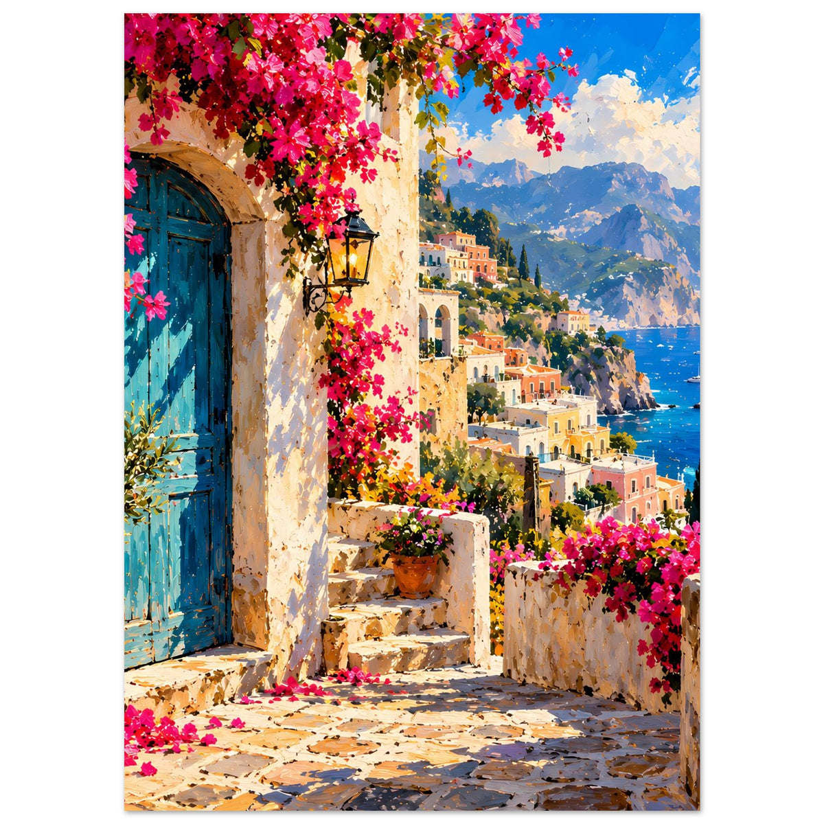 Poster mit blauer Tür, Treppe, Bougainvillea-Kronen und farbigen Küstenhäusern