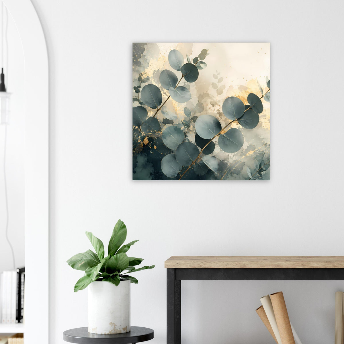 Gerahmtes Eukalyptus-Poster: abstrakte Blätter in Grün/Türkis mit goldenen Farbtupfern