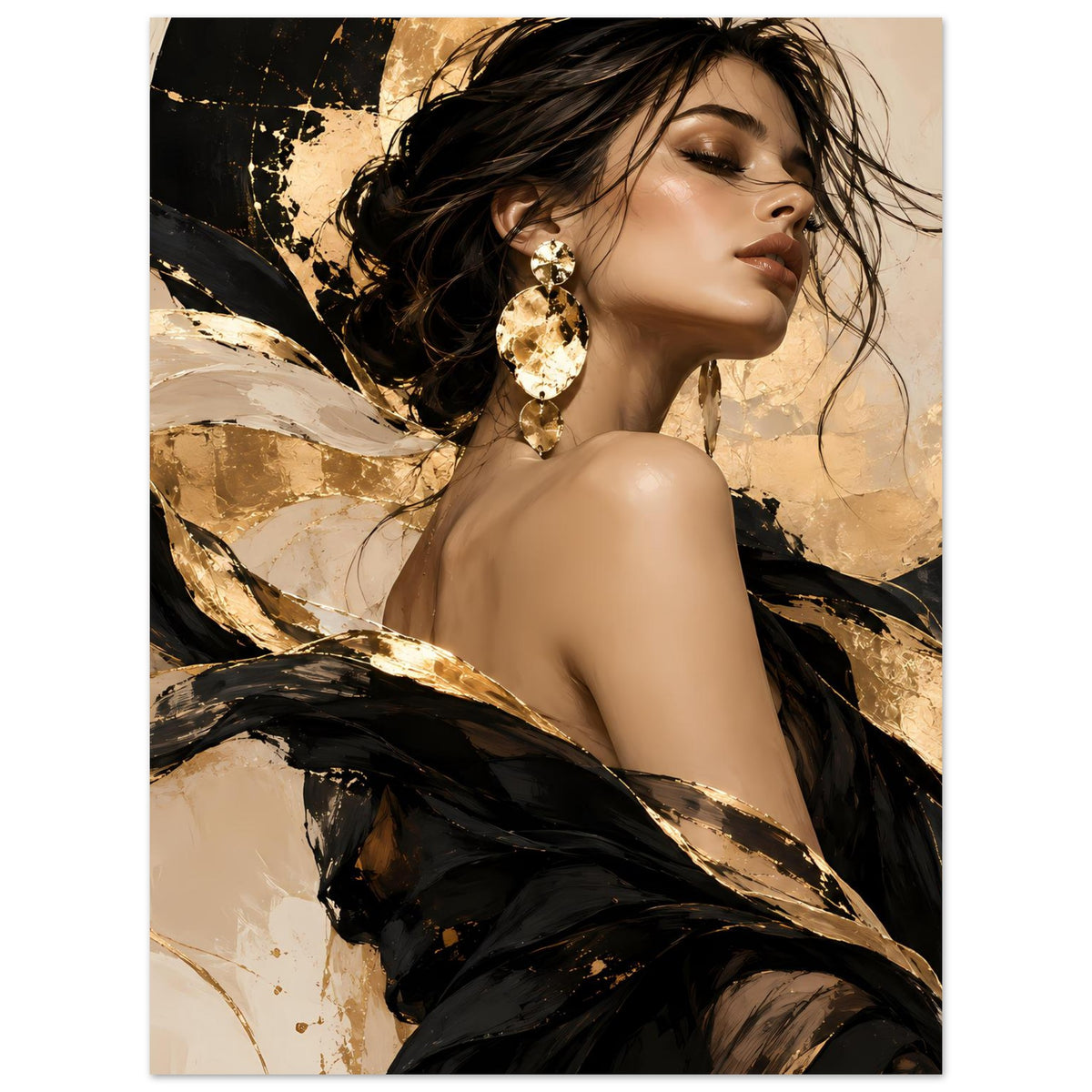 Frauenportrait-Poster, größerer Ausschnitt: goldene Ohrringe und schwarzer Stoff