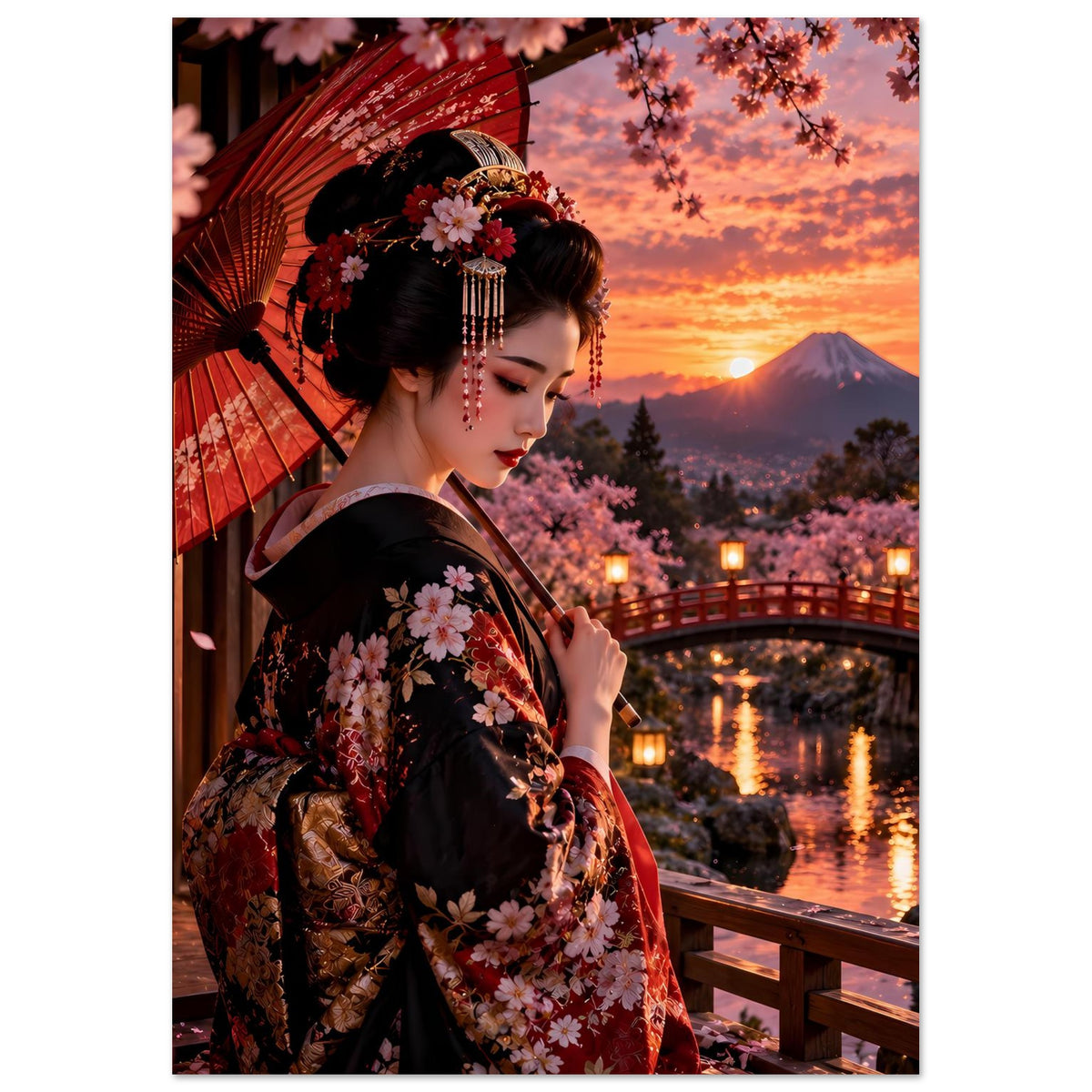 Poster mit japanischer Frau im Kimono, Kirschblütenapplikationen und rotem Regenschirm