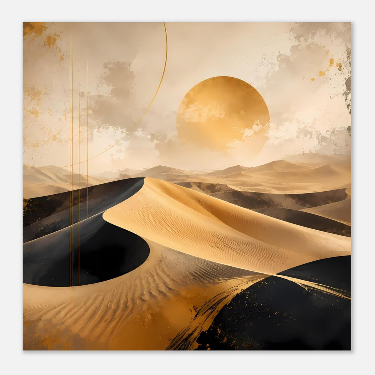 Quadratisches Poster mit goldenen Dünen, dunklem Sand und großer Sonnenscheibe