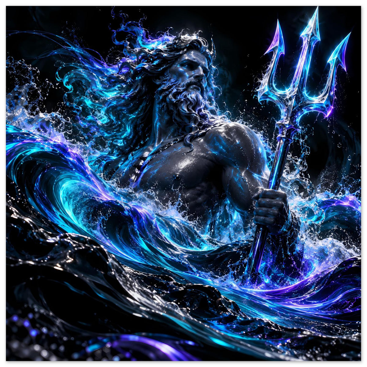 Meeresgott-Poster mit Poseidon in leuchtendem Ozeanblau, wehender Mähne und Dreizack