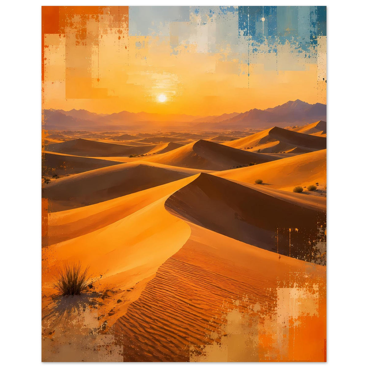 Wüstenlandschaft-Poster im Hochformat: goldene Dünen bei untergehender Sonne