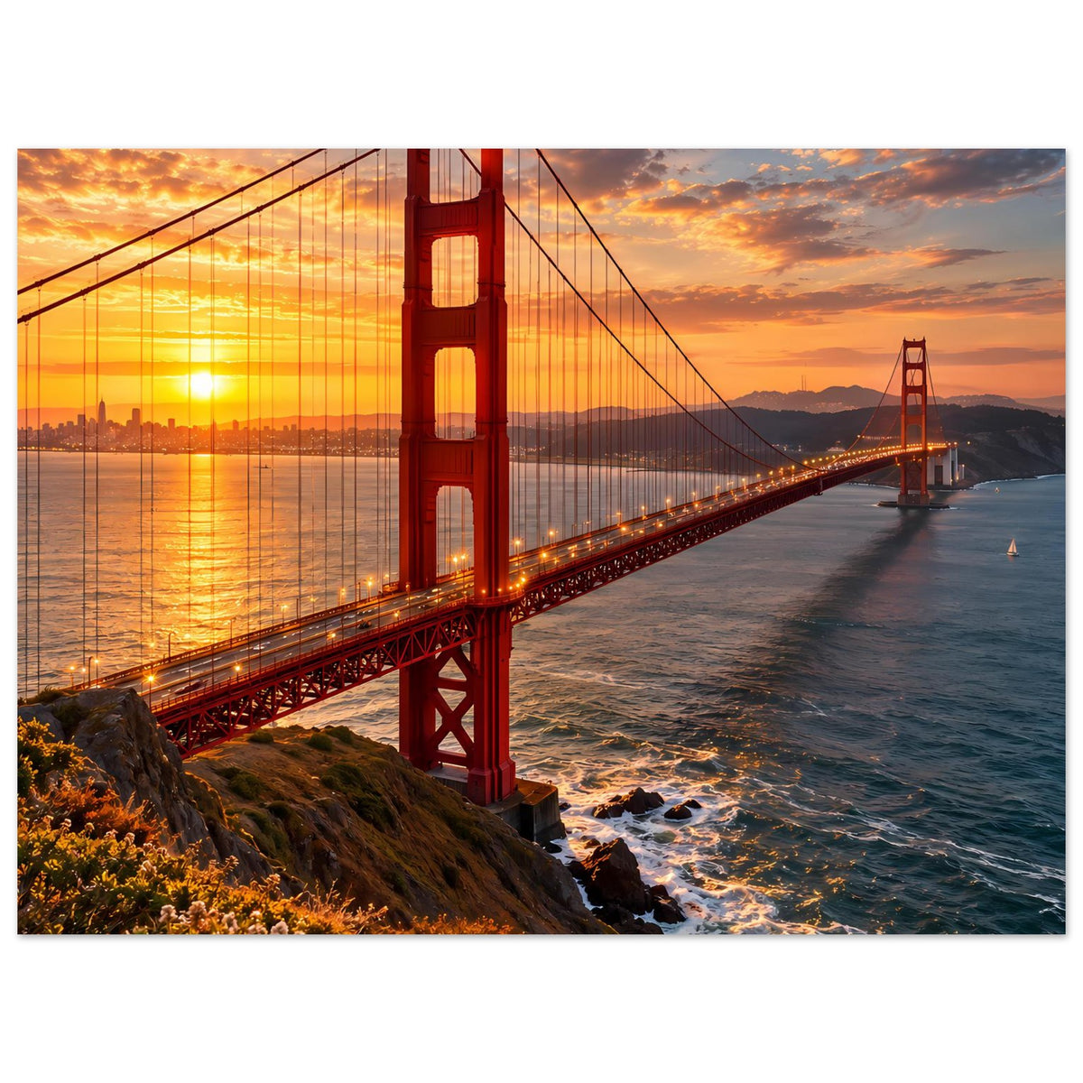 Wandposter mit Golden Gate Bridge bei Sonnenuntergang, Brücke über Wasser, Querformat