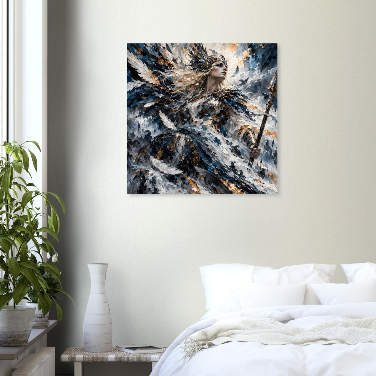 Poster mit Valkyrie-Figur, Blau-Schwarz-Töne mit goldenen Akzenten