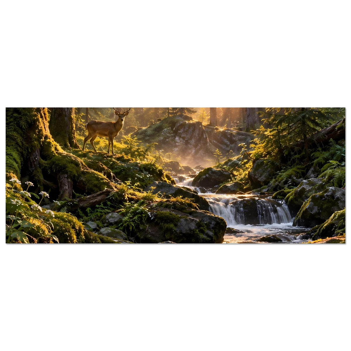 Wandposter im Querformat: Wald, Bach und Reh bei Sonnenaufgang