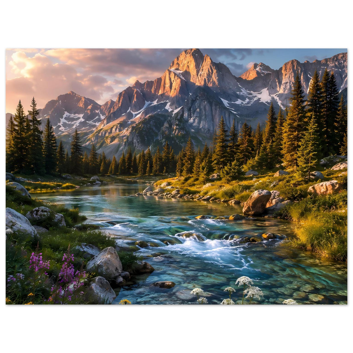Großes Poster mit Bergpanorama: klarer Fluss, Fichten und felsige Berge im Vordergrund