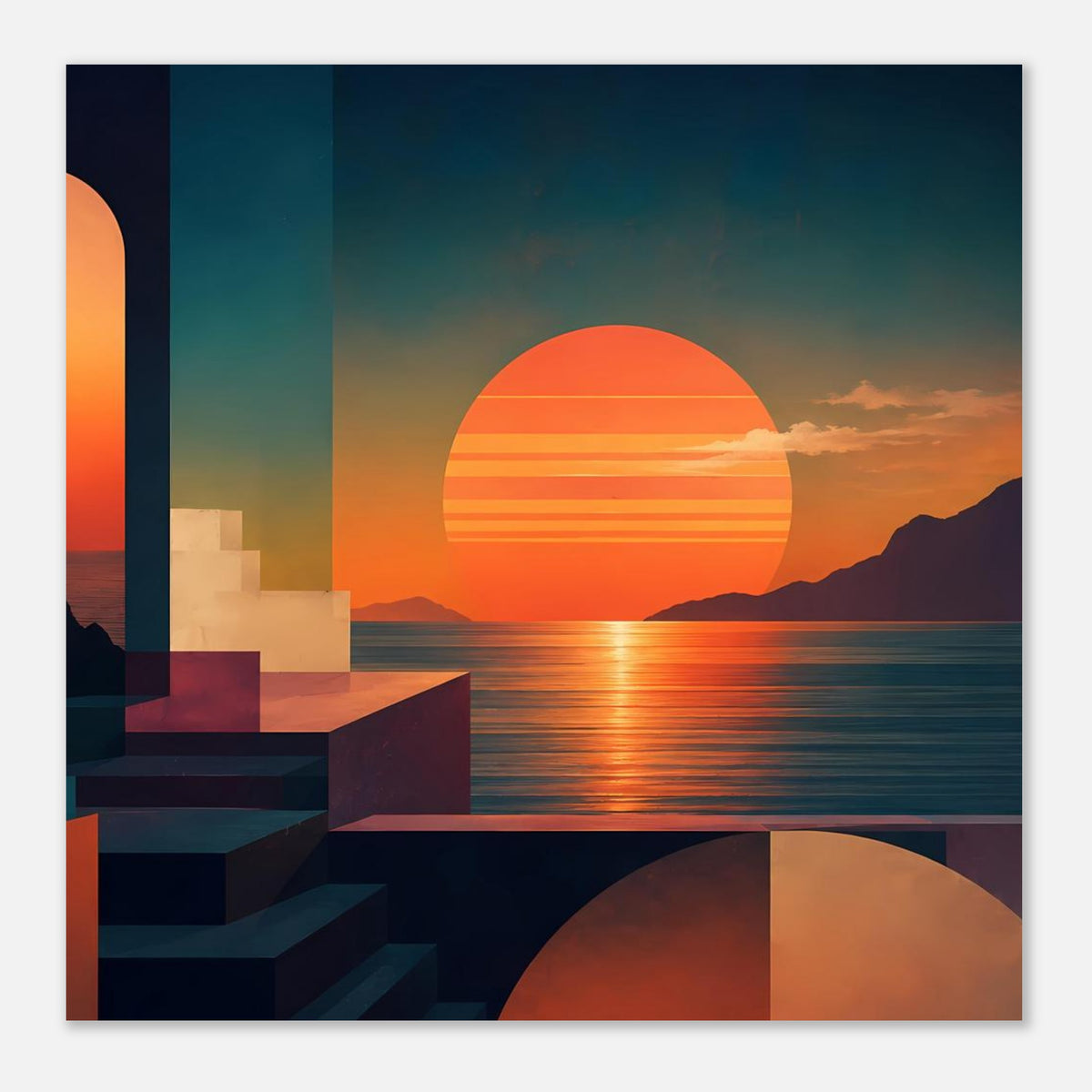 Kunstposter (quadratisch): orangefarbener Sonnenkreis über Meer, abstrakte Architektur links