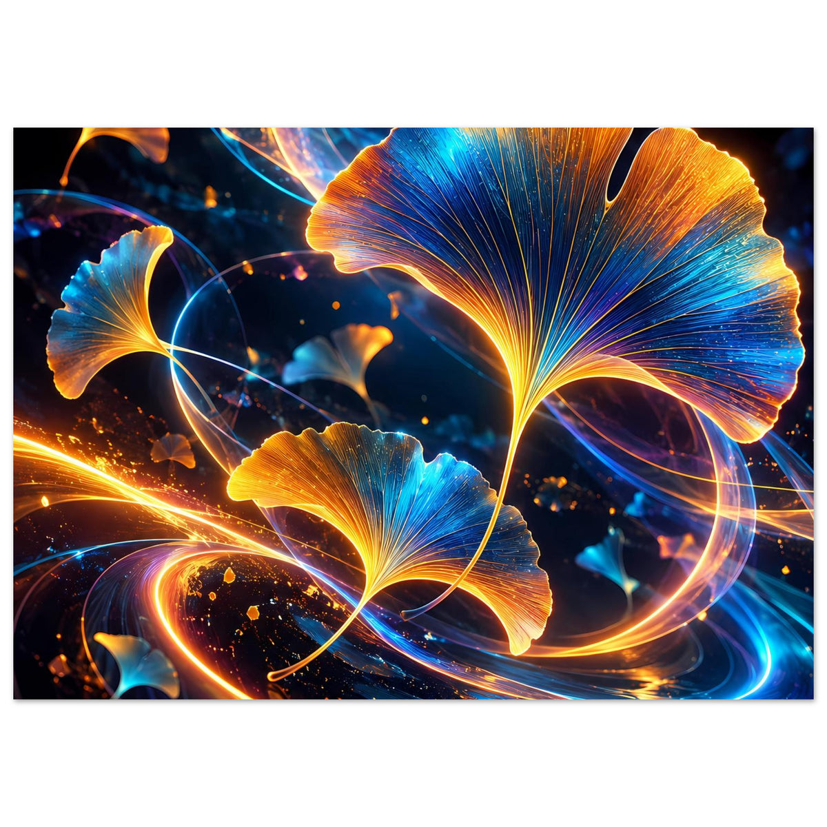 Botanisches Poster mit leuchtendem Ginkgo: blau-goldene Blätter und funkelnde Lichtspiralen