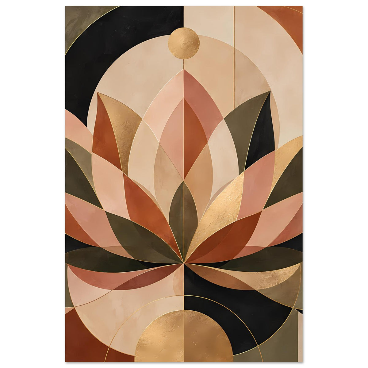 Vertikales Poster mit geometrischem Lotusmotiv und goldenen Akzenten in warmen Farbtönen