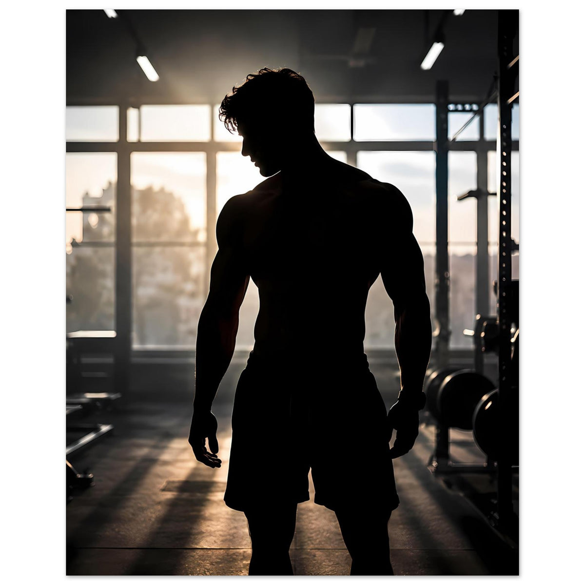 Fitness-Poster mit männlicher Silhouette, Ganzkörper vor hellem Hintergrundmotiv