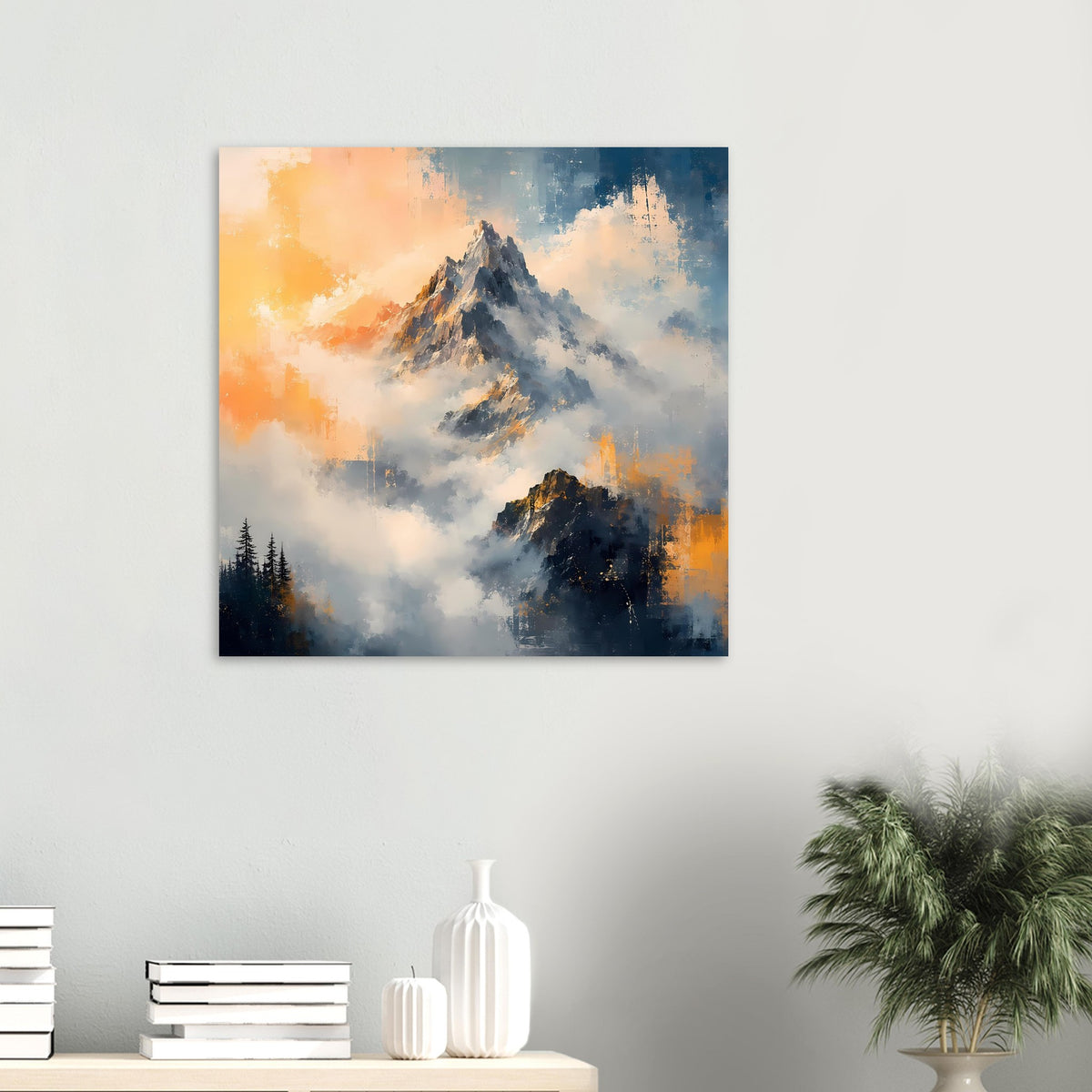 Quadratisches Poster mit Bergspitzen bei Sonnenaufgang, orangefarbener Himmel