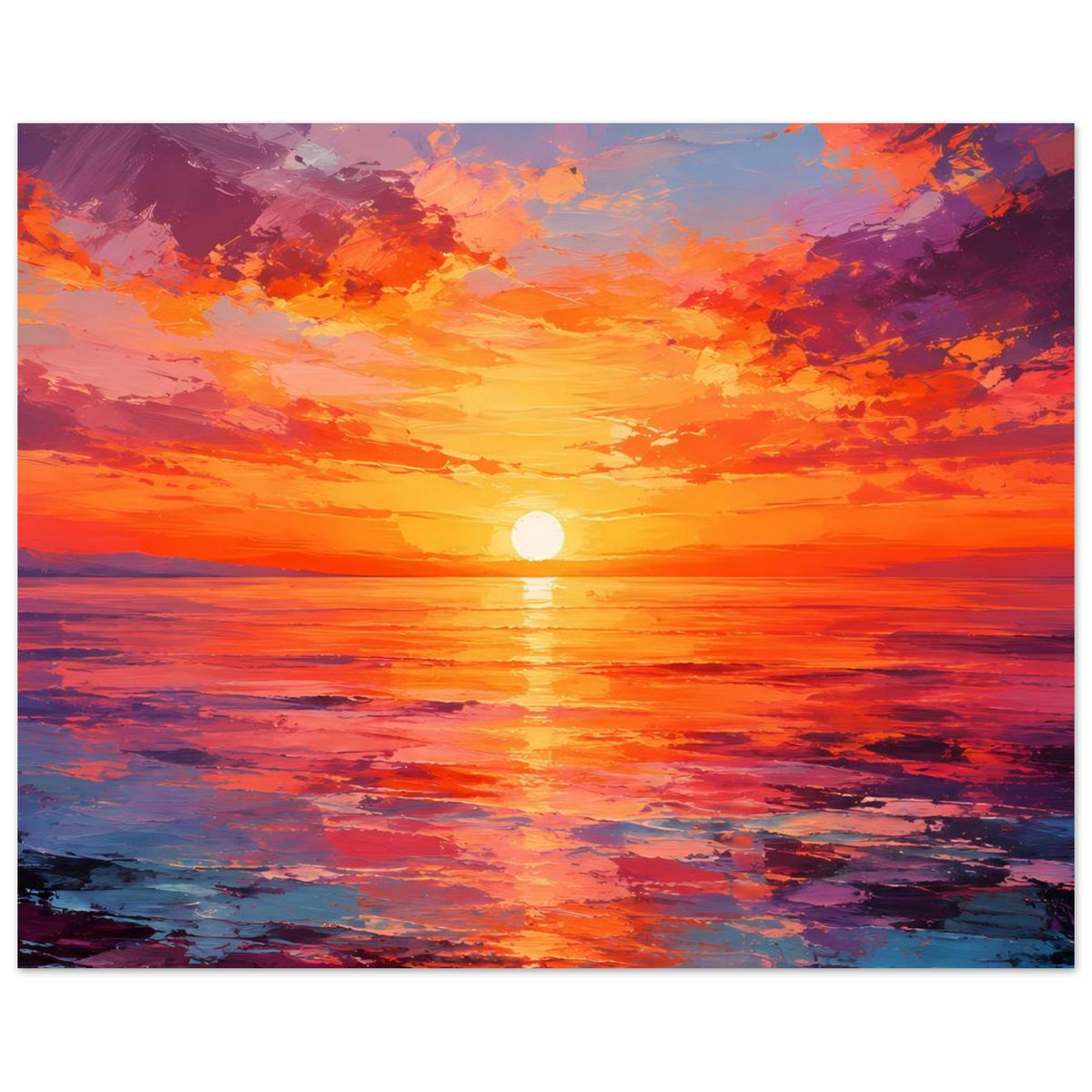 Poster im Breitformat: Sonnenuntergang am Meer in Orange und Violett, mit runder Sonne.