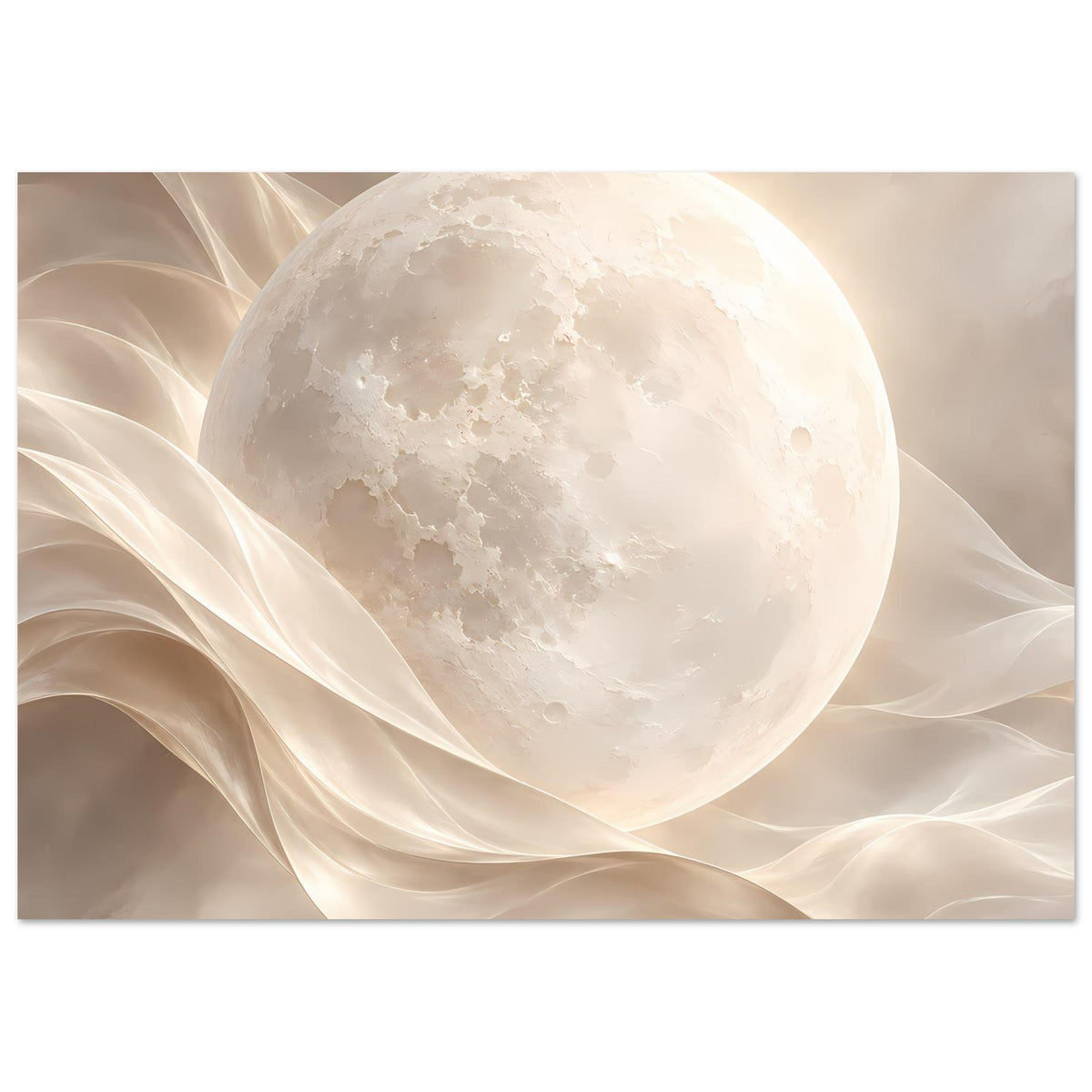Poster im Querformat mit großem Vollmond und diagonalen, transparenten Stoffwellen in Creme