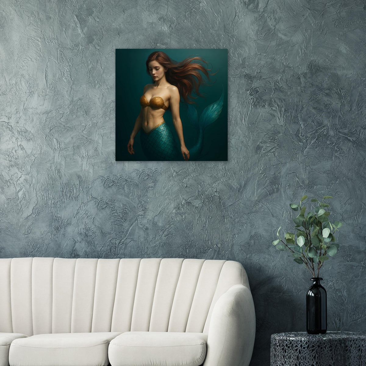 Quadratischer Wanddruck: Meerjungfrau in Teal mit goldenem Oberteil und Flossenlook