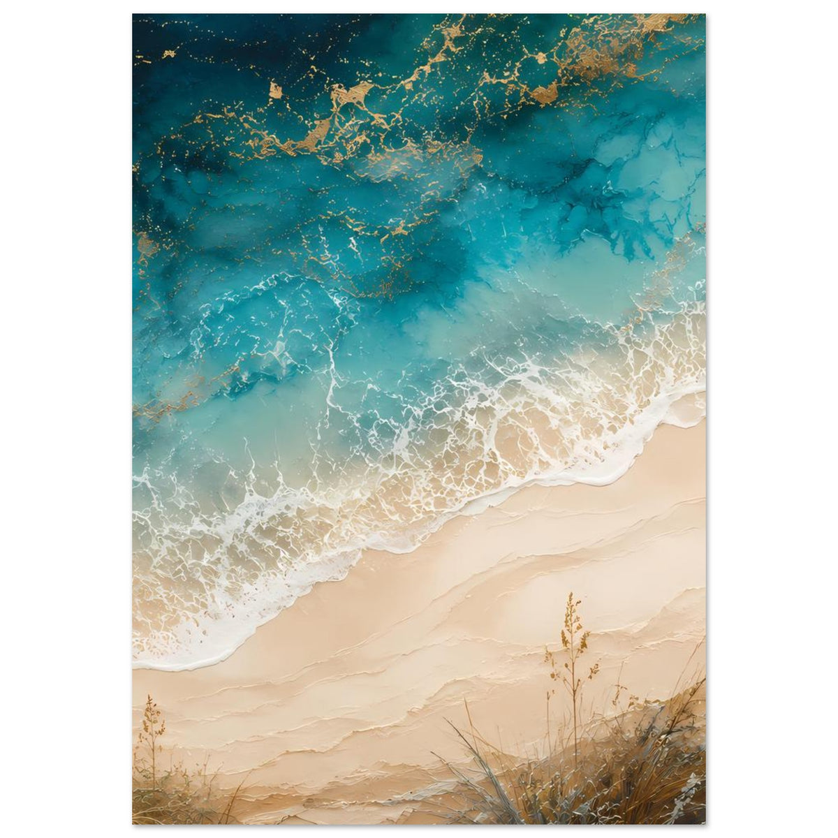 Küstenposter: türkisblaues Meer, weißer Wellenschaum, beiger Strand und Halme.