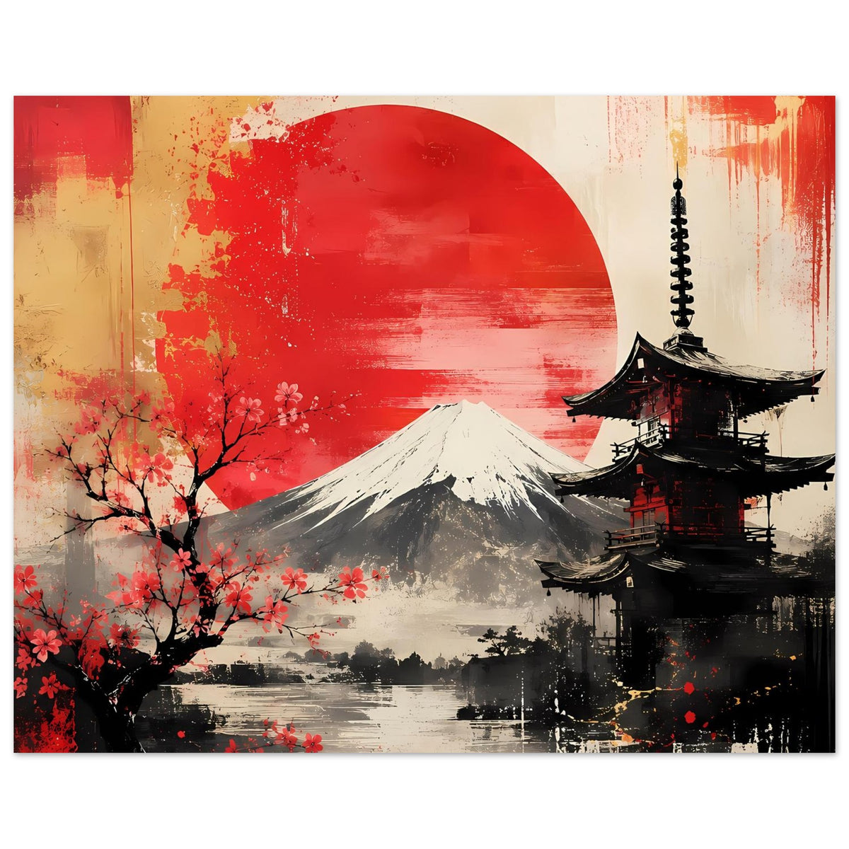 Poster mit roter Sonne über Landschaft, Mount Fuji, Pagode und Kirschblüten in Rot