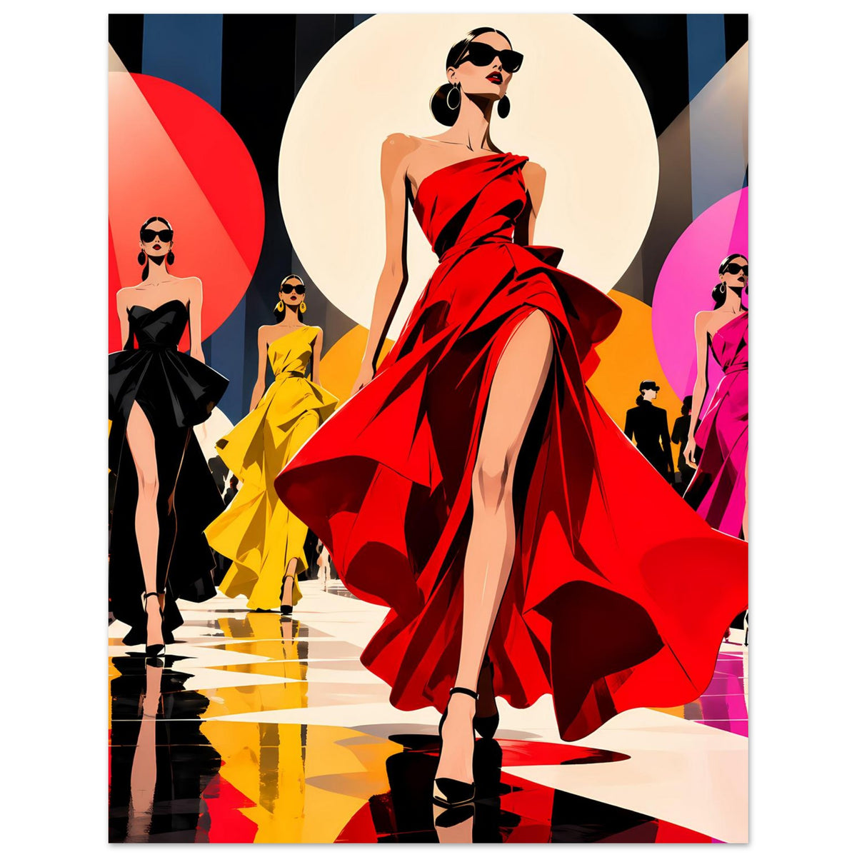 Wandposter: Pop-Art-Frau in rotem Kleid, Silhouette mit auffälliger Rockschleppe
