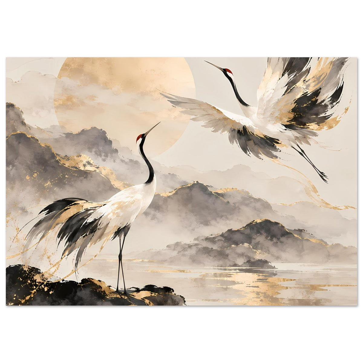 Poster mit zwei Kranichen über ruhigem Gewässer; goldene Nuancen, graue Nebelwolken