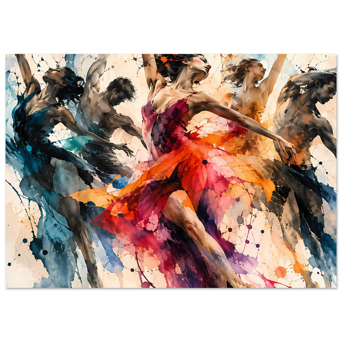 Tanzkunst-Poster im Querformat mit abstrakten Tänzerinnen, orange-rotes Kleid, Farbverläufe