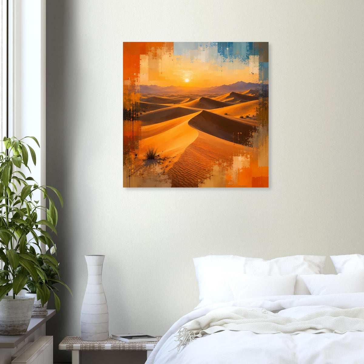 Wandbild mit Wüste und Sonnenuntergang, warme Erdtöne, abstrakte Farbübergänge