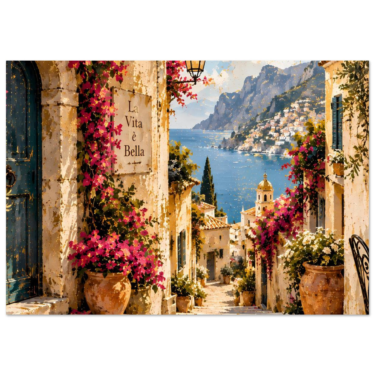 Kunstdruckposter: mediterrane Gasse mit blühenden Ranken, Laterne und Blick auf den Golf