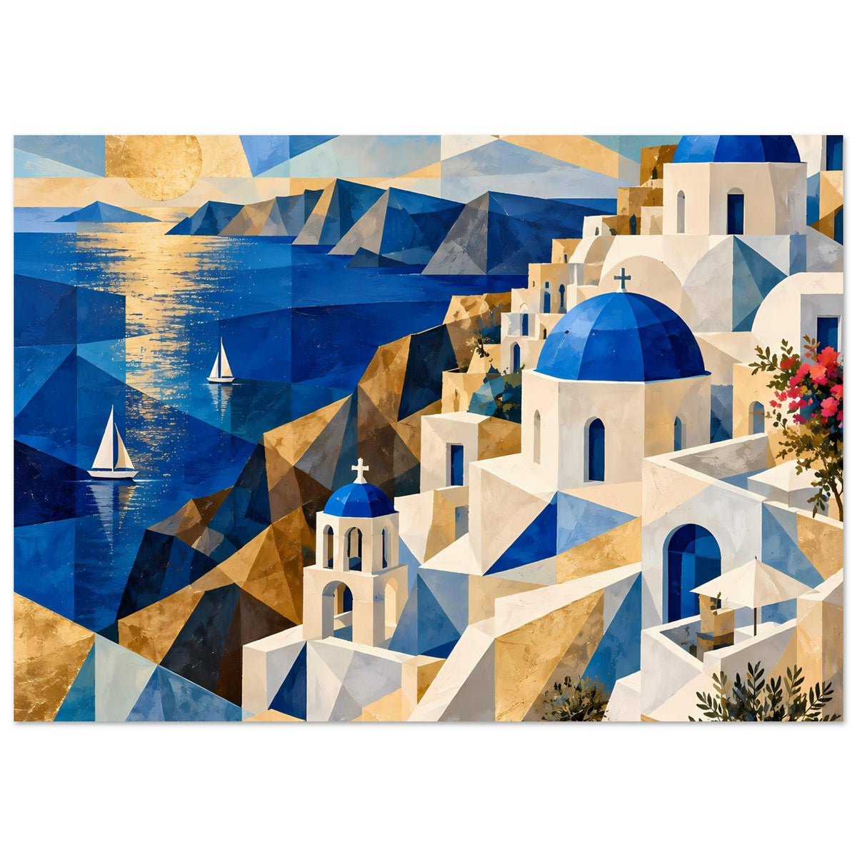 Horizontales Poster mit blau-goldenen Geometrieformen, weißen Bauten, blauen Kuppeln und Segelbooten